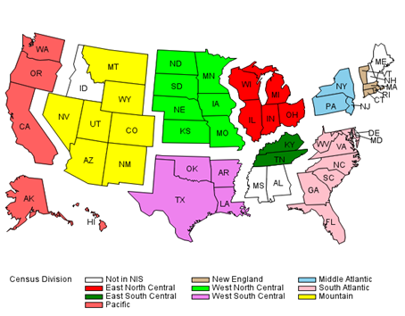 2012 map of U.S. showing census divisions of the HCUP NIS