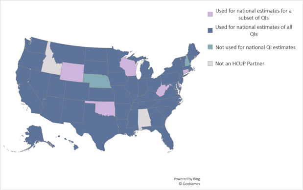 Figure A-3. is a graphic of United States that illustrates which HCUP states were used for all 2018 national QI estimates, which HCUP states were used for a subset of 2018 national QI estimates, which HCUP states were not used for 2018 national QI estimates, and which states are not in HCUP for the 2018 data year.
