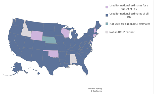 Figure A-4. is a graphic of United States that illustrates which HCUP states were used for all 2019 national QI estimates, which HCUP states were used for a subset of 2019 national QI estimates, which HCUP states were not used for 2019 national QI estimates, and which states are not in HCUP for the 2019 data year.