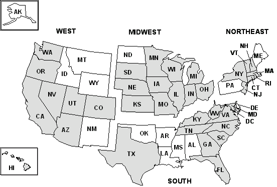 Figure 1: Map of the United States broken out by state and region outlining states participating in the KID.