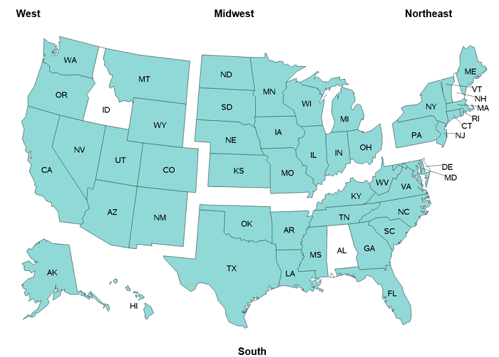 Figure 1 displays a U.S. map illustrating KID States by Census Region, as described in table below figure