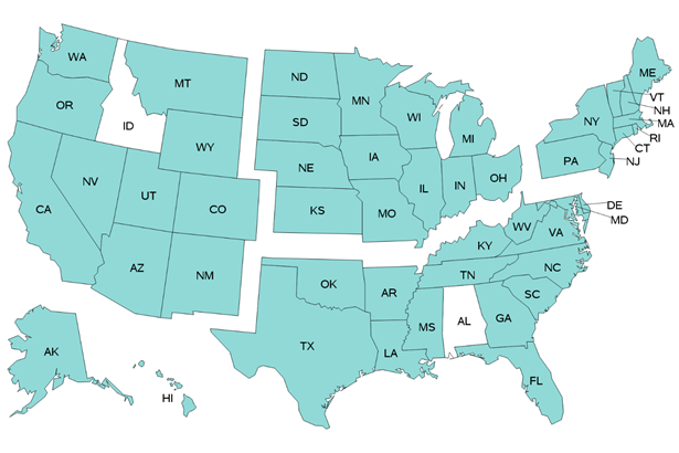 Figure 1 displays a U.S. map illustrating KID States by Region, as described in table below figure