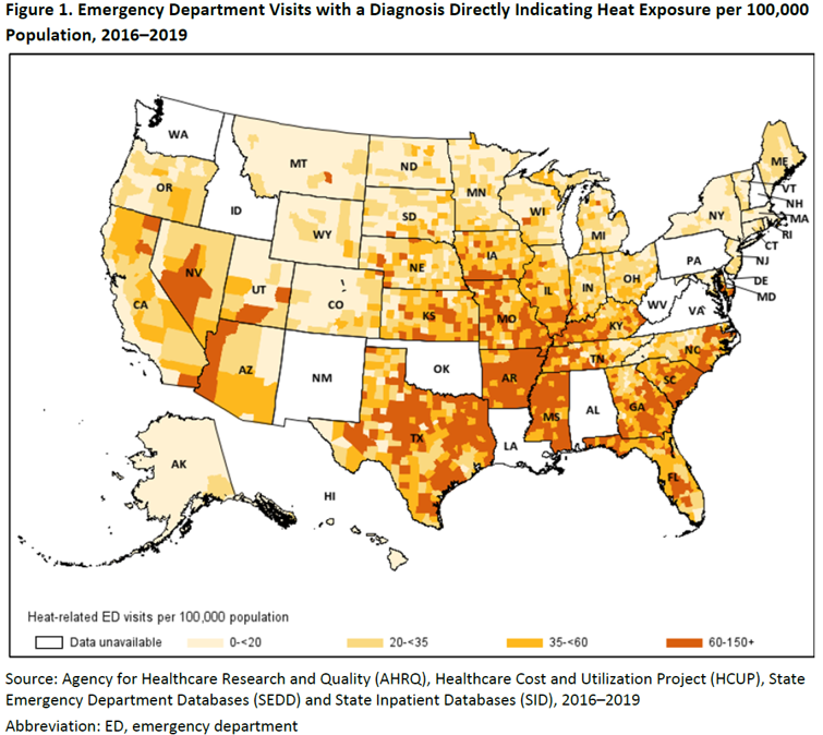 Figure 1: Emergency Department Visits with a Diagnosis Directly Indicating Heat Exposure per 
	100,000 Population, 2016-2019 details higher rates of ED visits in southern and western regions of 
	the United States.