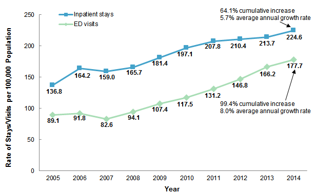 Figure 1 is a line graph illustrating the rate of inpatient stays and emergency department visits per 100,000 population from 2005 to 2014.