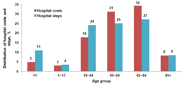 Figure 1 is a bar column chart illustrating the distribution of hospital costs and stays in percent by age group.