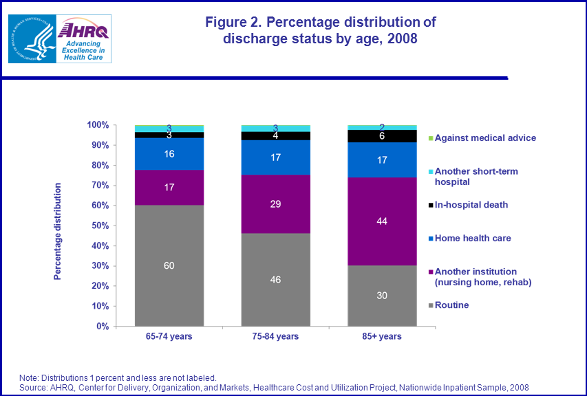 Figure 2 is a stacked bar chart illustrating the percentage distribution of discharge status by age in 2008.