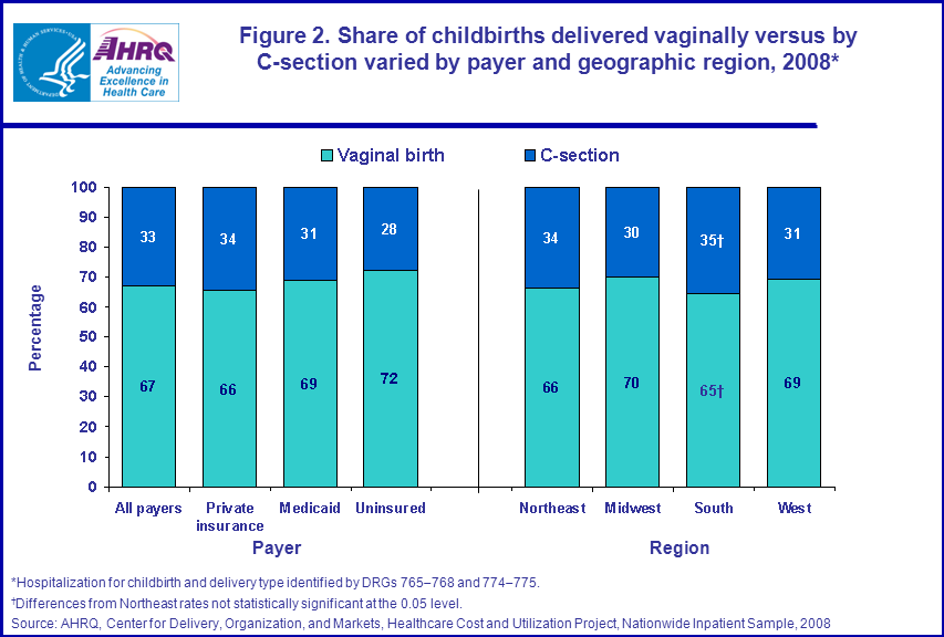 Figure 2 is a stacked bar column bar chart illustrating the share of childbirths delivered vaginally versus by Cesarean section varied by payer and geographic region in 2008.
