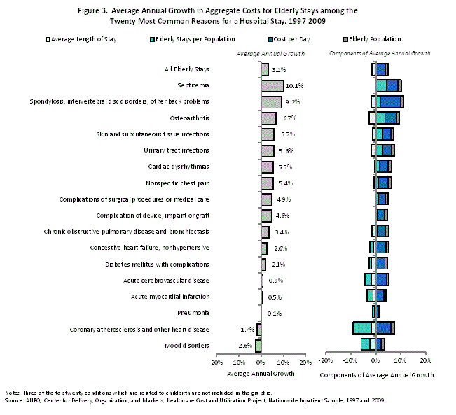 Figure 3 is 2 stacked bar charts illustrating the average annual growth in aggregate costs for elderly stays among the 20 most common reasons for a hospital stay from 1997 to 2009.