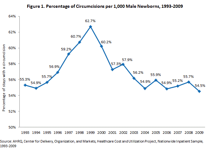 Figure 1 is a trend line chart illustrating the percentage of circumcisions per 1,000 male newborns from 1993 to 2009.