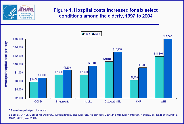 Figure 1. Bar chart showing hospital costs increased for six select conditions among the elderly, 1997 to 2004