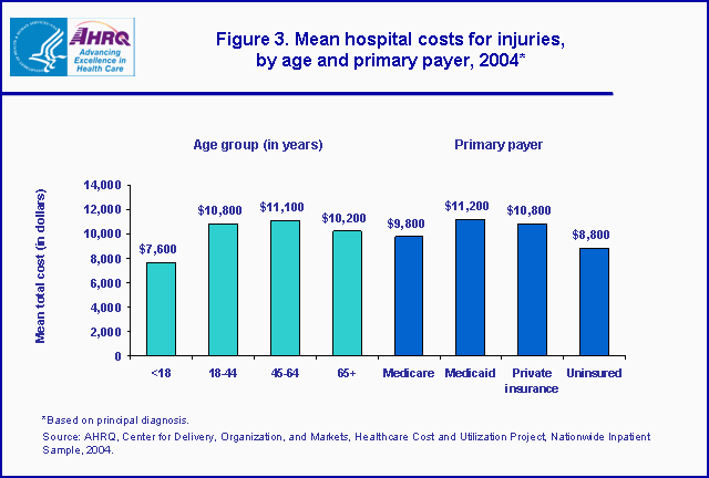 Figure 3. Bar chart showing mean hospital costs for injuries, by age and primary payer, 2004*