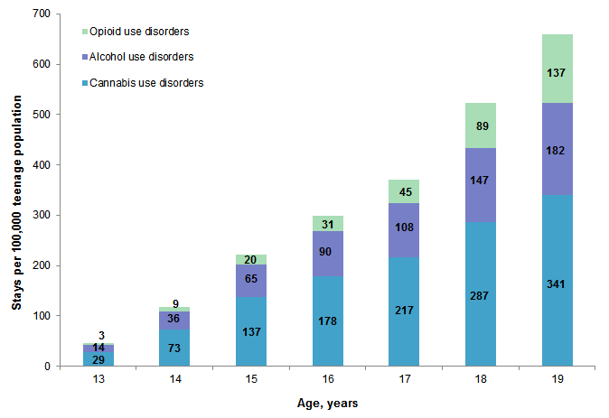 Figure 4 is a bar chart illustrating the rates of hospital stays per 100,000 teenage population in 2012 that included the top three substance use disorder diagnoses.