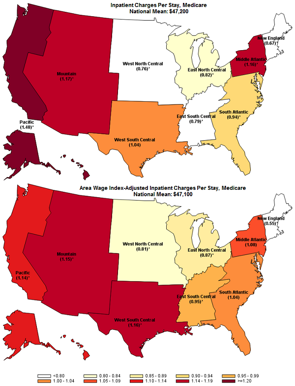 Figure 2 is made up of 2 maps, one with unadjusted inpatient charges per Medicare stay and the second with those inpatient charges adjusted by the area wage index by census division in 2013.