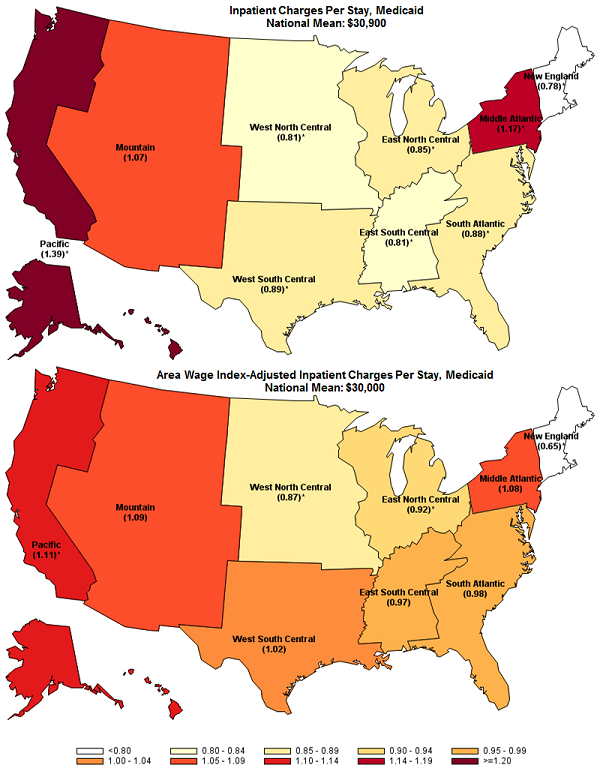 Figure 3 is made up of 2 maps, one with unadjusted inpatient charges per Medicaid stay and the second with those inpatient charges adjusted by the area wage index by census division in 2013.