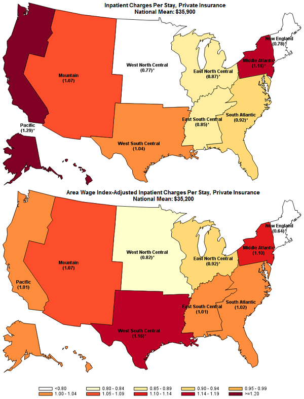 Figure 4 is made up of 2 maps, one with unadjusted inpatient charges per privately insured stay and the second with those inpatient charges adjusted by the area wage index by census division in 2013.