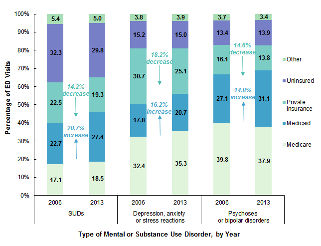 Figure 5 is a stacked bar chart illustrating the percentage of emergency department visits involving mental and substance use disorders by expected primary payer in 2006 and 2013.