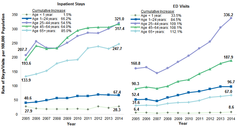 Figure 4 is 2-line graphs illustrating the national rate of opioid-related inpatient stays and emergency department visits per 100,000 population from 2005 to 2014 by patient age.