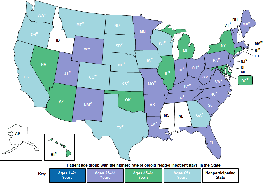 Figure 5 is a United States map that depicts for participating States which age group had the highest rate of opioid-related inpatient stays in 2014.