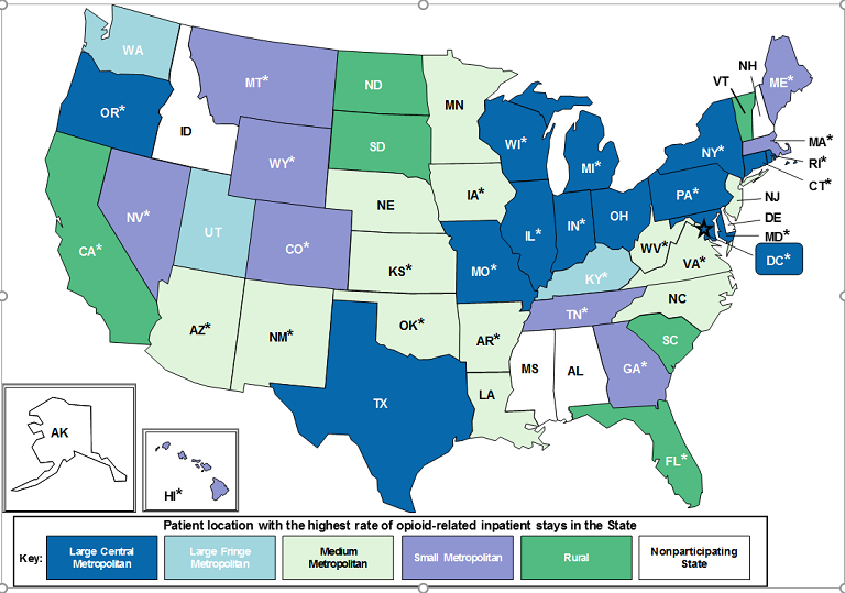 Figure 2 is a map of the United States illustrating each states patient location with the highest rate of opioid-related inpatient stays in 2014.