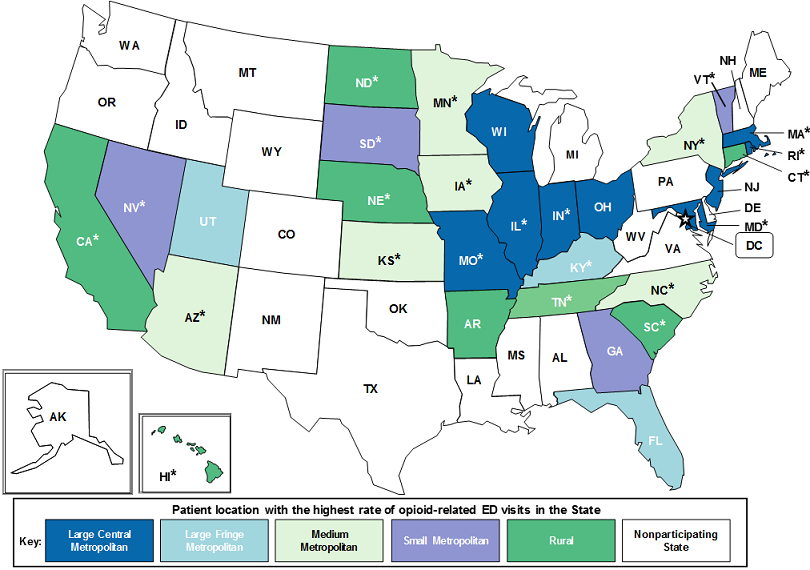 Figure 3 is map of the United States illustrating each states patient location with the highest rate of opioid-related emergency department visits in 2014.