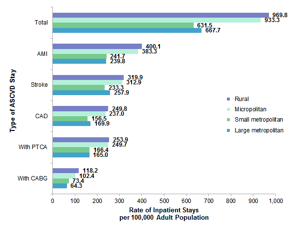 Figure 5 is a bar chart illustrating the rate of atherosclerotic cardiovascular disease inpatient stays per 100,000 adult population by location of patients' residence.