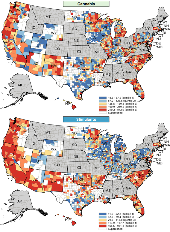 Figure 6 is two color-coded maps illustrating the county-level rates per 100,000 population for cannabis- and stimulant-related inpatient stays from 2013 to 2015 for 31 States.