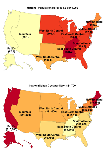 Figure 2 is three maps of the United States illustrating the rate of inpatient stays per 1,000 population, the mean cost per stay, and the mean length of stay in each U.S. census division in 2016. The maps are color coded to show ratios to the census division mean.