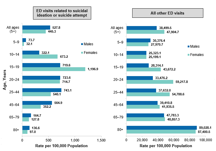 Figure 2 consists of two bar charts that show the rate of ED visits related to suicidal ideation or suicide attempt by age group and sex for 2017. Data are provided in Supplemental Table 2.