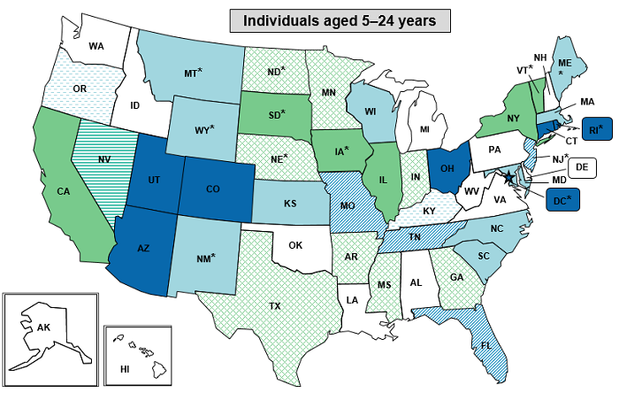Figure 4 consists of three maps of the United States showing areas within each State with the highest population rate of ED visits related to suicidal ideation or suicide attempt. The first map is based on rates for individuals aged 5-24 years. Data are provided in Supplemental Table 4.
