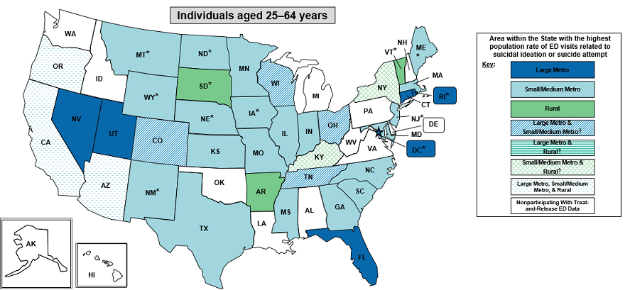 Figure 4 consists of three maps of the United States showing areas within each State with the highest population rate of ED visits related to suicidal ideation or suicide attempt. The second map is based on rates for individuals aged 25-64 years. Data are provided in Supplemental Table 4.