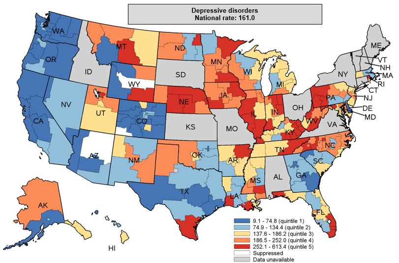 Figure 2 is a color-coded map of the United States that shows substate region-level rates per 100,000 population for inpatient stays with a principal diagnosis of depressive disorders in 2016 to 2018 for 38 States.