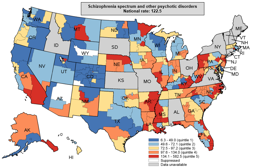 Figure 3 is color-coded map of the United States that shows substate region-level rates per 100,000 population for inpatient stays with a principal diagnosis of schizophrenia spectrum and other psychotic disorders in 2016 to 2018 for 38 States.