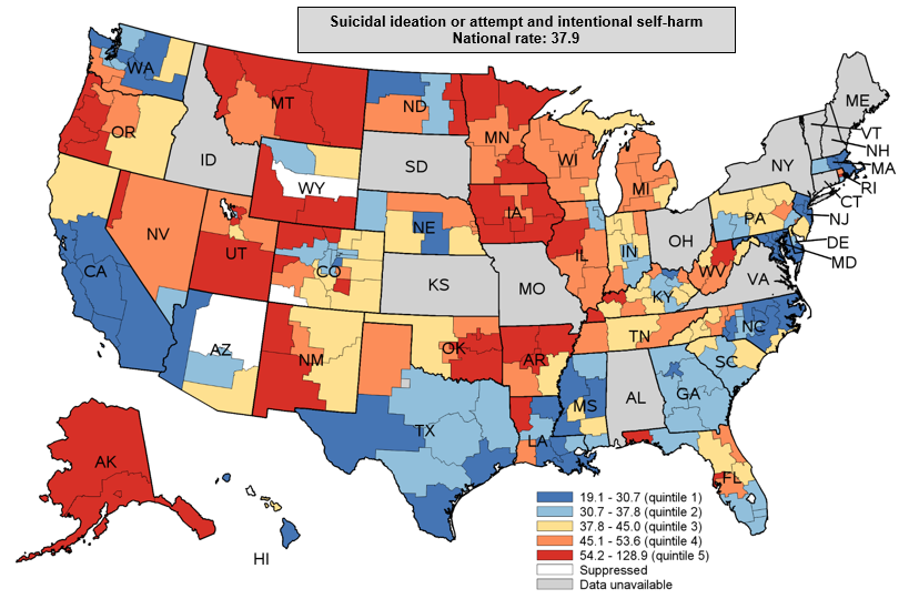 Figure 5 is color-coded map of the United States that shows substate region-level rates per 100,000 population for inpatient stays with a principal diagnosis of suicidal ideation or attempt and intentional self-harm in 2016 to 2018 for 38 States.
