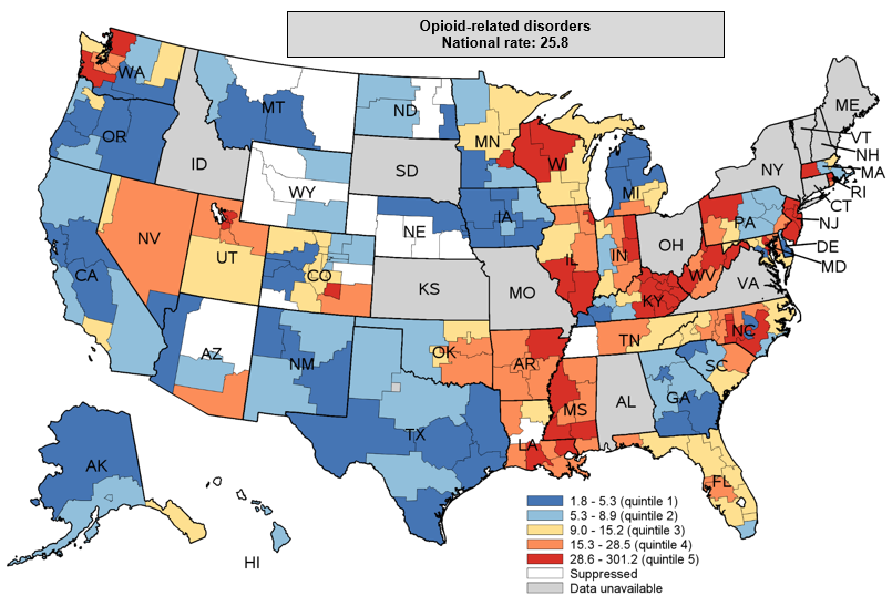Figure 3. is a color-coded map of the United States that shows substate region-level rates per 100,000 population for inpatient stays with a principal diagnosis of opioid-related disorders in 2016 to 2018 for 38 States, by rate quintile.