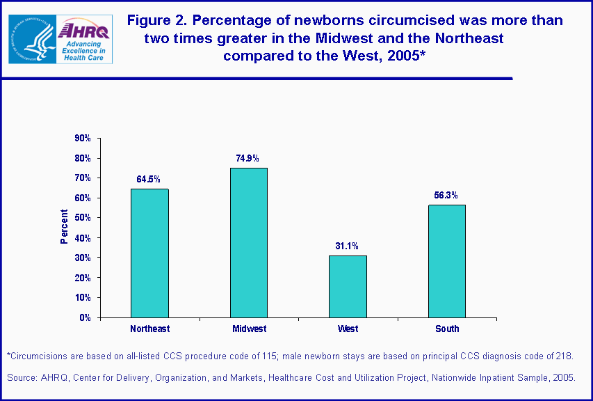 Figure 2. Percentage of newborns circumcised was more than two times greater in the Midwest and Northeast compared to the West, 2005