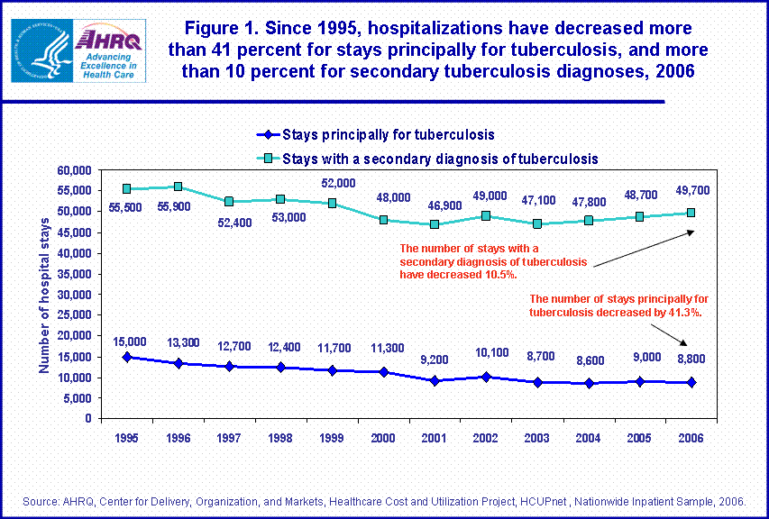 Figure 1. Since 1995, hospitalizations have decreased more than 41 percent for stays principally for tuberculosis, and more than 10 percent for secondary tuberculosis diagnoses, 2006