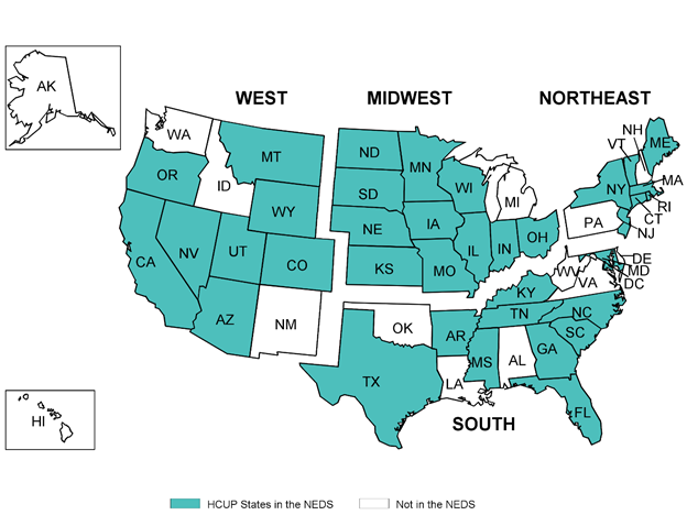 Figure A.1. displays a US map illustrating states in the NEDS by Region. In the Western region, AZ, CA, CO, MT, NV, OR, UT, WY are in the HCUP NEDS. The following states are not in the NEDS in this region - AK, HI, ID, NM, WA. In the Midwestern region, IA, IN, IL, KS, MN, MO, ND, NE, OH, SD, WI are in the HCUP NEDS. The following state is not in the NEDS in this region - MI. In the Northeastern region, CT, MA, ME, NJ, NY, RI, VT are in the HCUP NEDS. The following states are not in the NEDS in this region - NH, PA. In the Southern region, AR, DC, FL, GA, KY, MD, MS, NC, SC, TN, TX are in the HCUP NEDS. The following states are not in the NEDS in this region - AL, DE, LA, OK, VA, WV