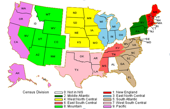 Map of United States of America broken into different regions