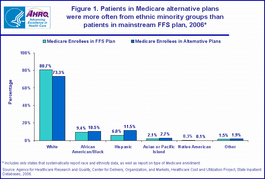 Figure 1. Patients in Medicare alternative plans were more often from ethnic minority groups than patients in mainstream FFS plan, 2006