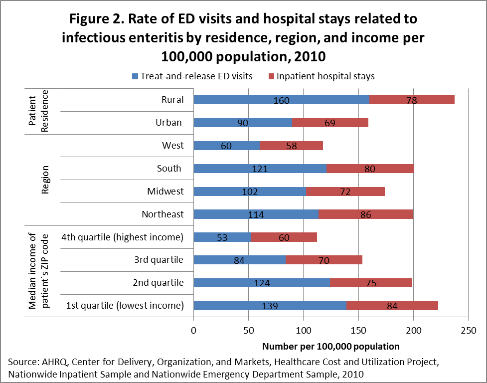 Figure 2 is a column stacked bar chart illustrating the rate of emergency department visits and hospital stays related to infectious enteritis by residence, region, and income per 100,000 population in 2010.