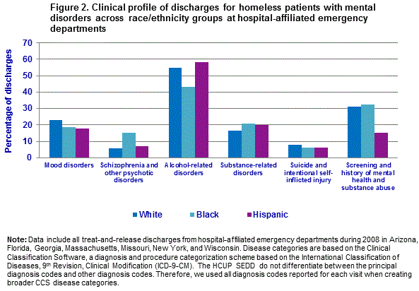Figure 2 is a column bar chart illustrating the clinical profile of discharges for homeless patients with mental disorders across race/ethnicity groups at hospital-affiliated emergency departments.