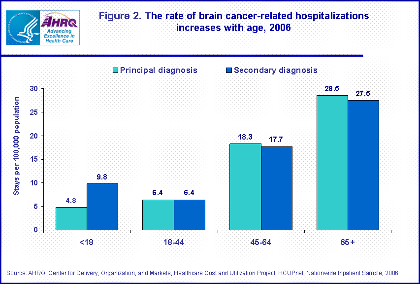 Figure 2.  The rate of brain cancer-related hospitalizations increases with age, 2006