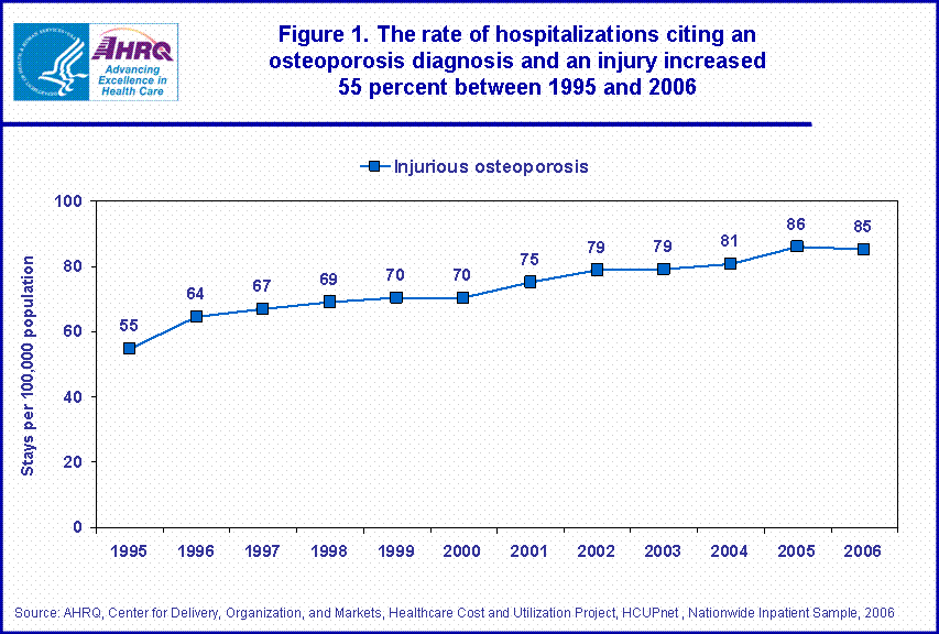 Figure 1. The rate of hospitalizations citing an osteoporosis diagnosis and an injury increased 55 percent between 1995 and 2006