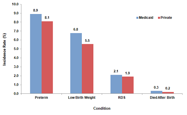 Figure 3 is a bar graph, illustrating the incidence rate percentage and the payer for selected birth outcomes.