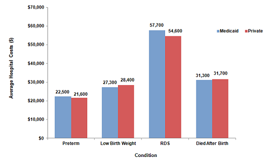 Figure 4 is a bar graph, illustrating the average hospital costs in dollars and the payer for selected birth outcomes.