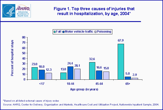 Figure 1. Bar chart showing top three causes of injuries that result in hospitalization, by age, 2004