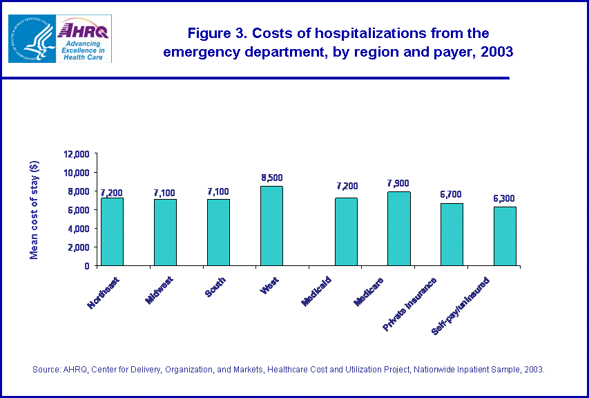 Figure 3: Bar chart of costs of hospitalizations from the emergency department, by region, and payer, 2003