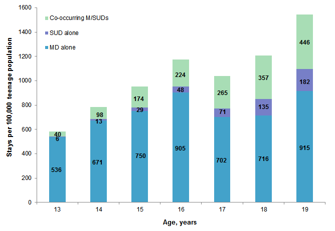Figure 2 is a bar chart illustrating the rate of hospital stays per 100,000 teenage population in 2012 that included mental and substance use disorders.