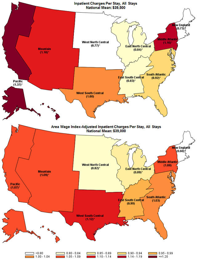 Figure 1 is made up of 2 maps, one with unadjusted inpatient charges per stay and the second with those inpatient charges adjusted by the area wage index by census division in 2013.
