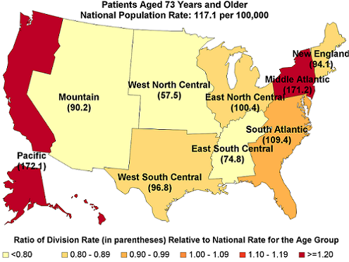 Figure 3 is three United States maps that illustrate the rate of inpatient stays per 100,000 population by age and by census division and the ratio of the census division rate to the national rate in 2014.